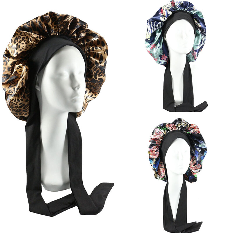 Berretto da donna in raso di grandi dimensioni per cappello da notte berretto da notte per la cura dei capelli berretto in seta con macchia per le donne capelli ricci elastici