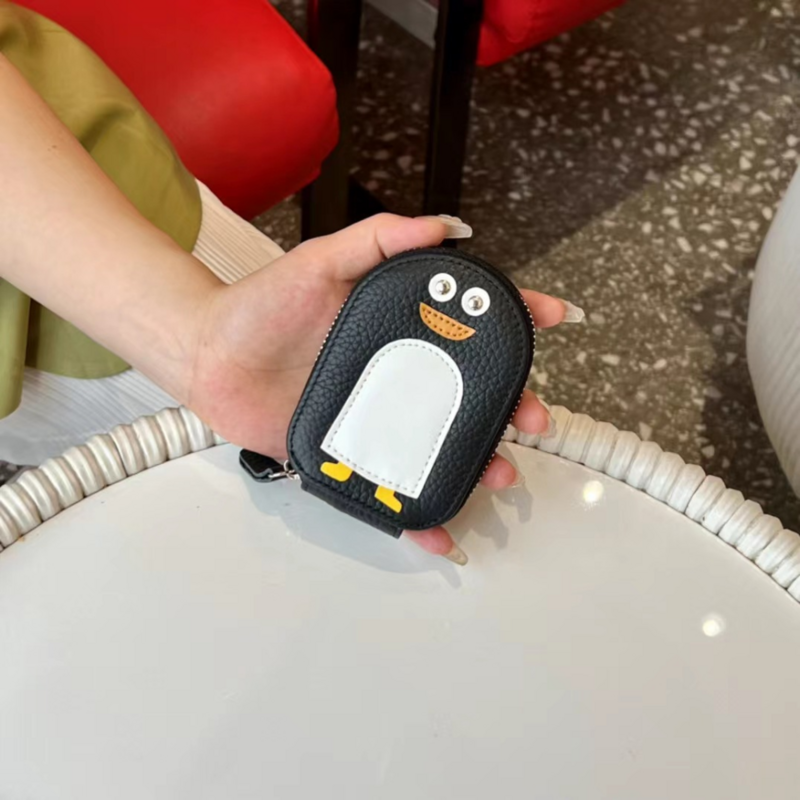 URBAN MASTER Dompet Koin Tempat Kartu Bentuk Penguin Kecil Kulit Sapi Lucu Dompet Mini Dompet Ritsleting Kulit Sapi Asli