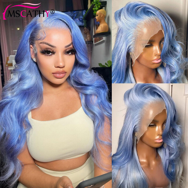 Wig depan renda gelombang tubuh untuk wanita rambut manusia danau biru menutupi garis rambut Wig renda transparan 13x4 HD rambut palsu Remy Brasil