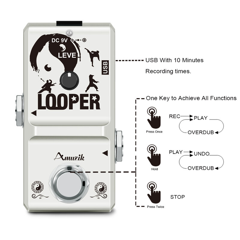 Amuzik 48K Looper Electric Guitar Effect Loop Pedal 10 Minutes of Looping Unlimited Overdubs USB Port True Bypass