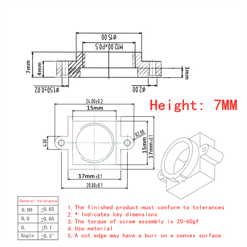 Soporte de lente de interfaz cónico M12, Conector de soporte de lente de cámara de vigilancia de seguridad, 7mm, 20 agujeros