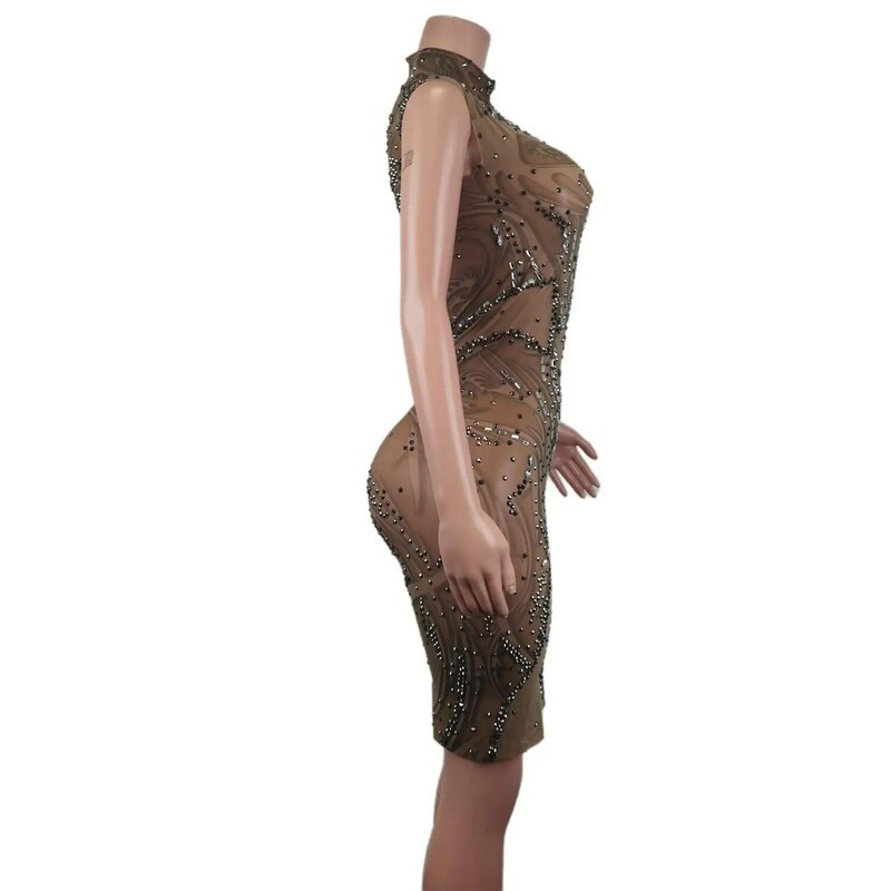 女性のための光沢のあるラインストーンが付いたノースリーブのショートドレス,パーティーのためのセクシーな透明なドレス,パーティーのためのコスチューム