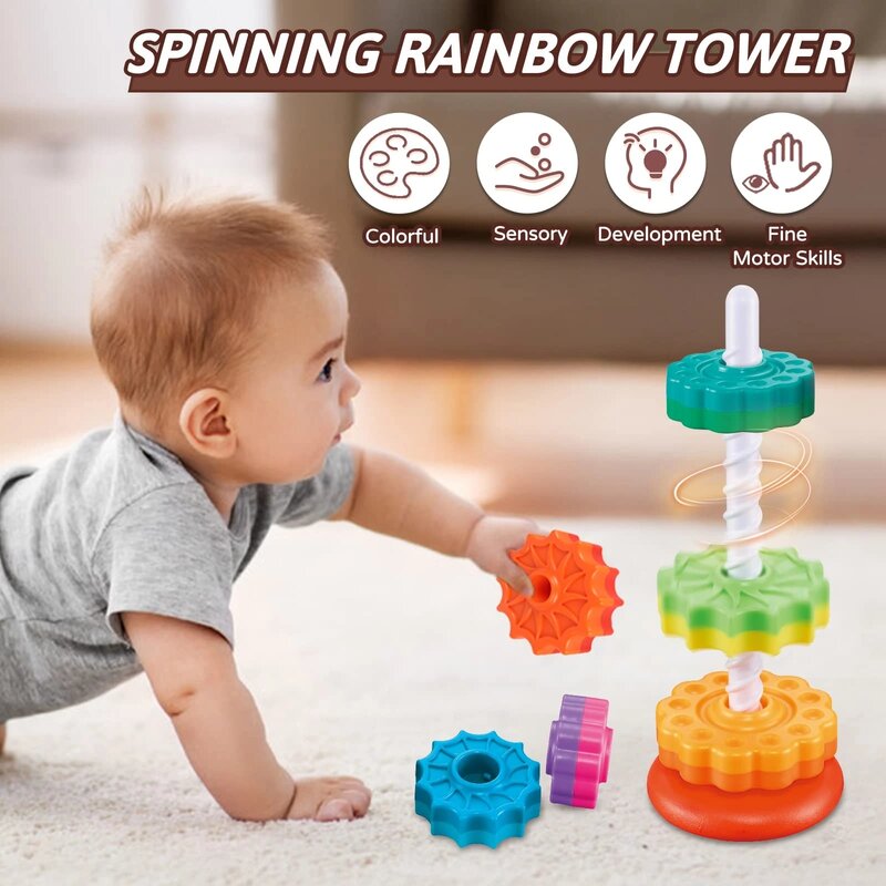 Spinning Wheel Toy para crianças, arco-íris, Spin TowerStacking Brinquedos, Montessori, Educacional, Aprendizagem, Sensorial, Presente do bebê