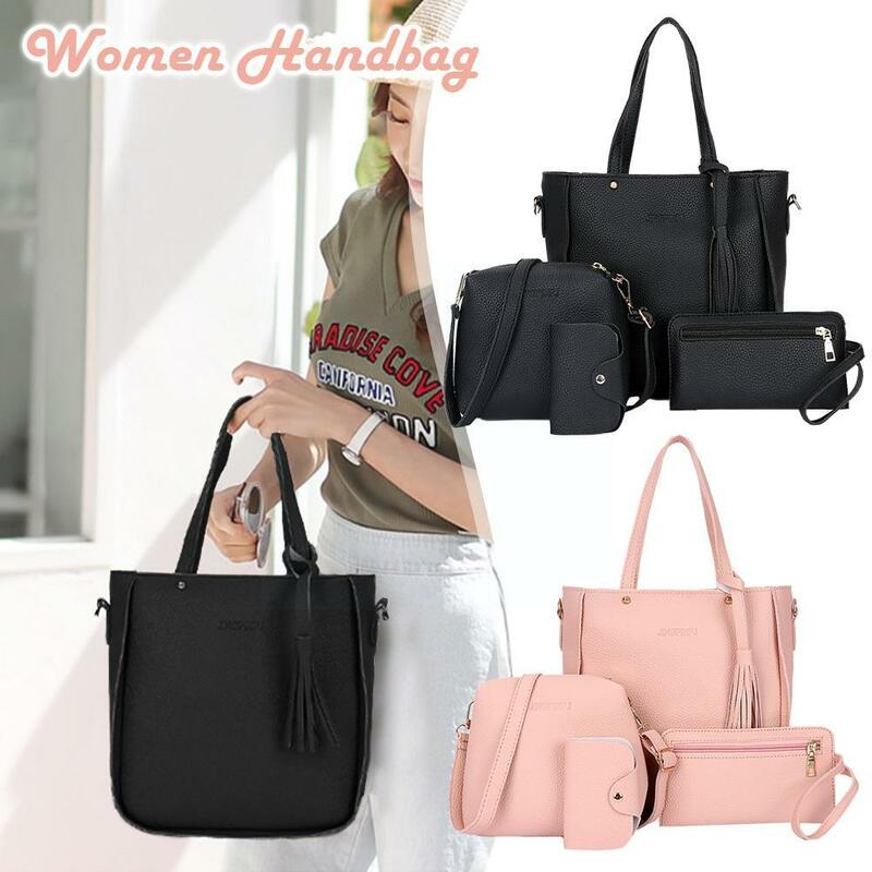 Conjunto de bolsa de couro PU para mulheres, bolsa de ombro mensageiro sacola, bolsas de carteira, Pur O7N2, 4pcs por conjunto