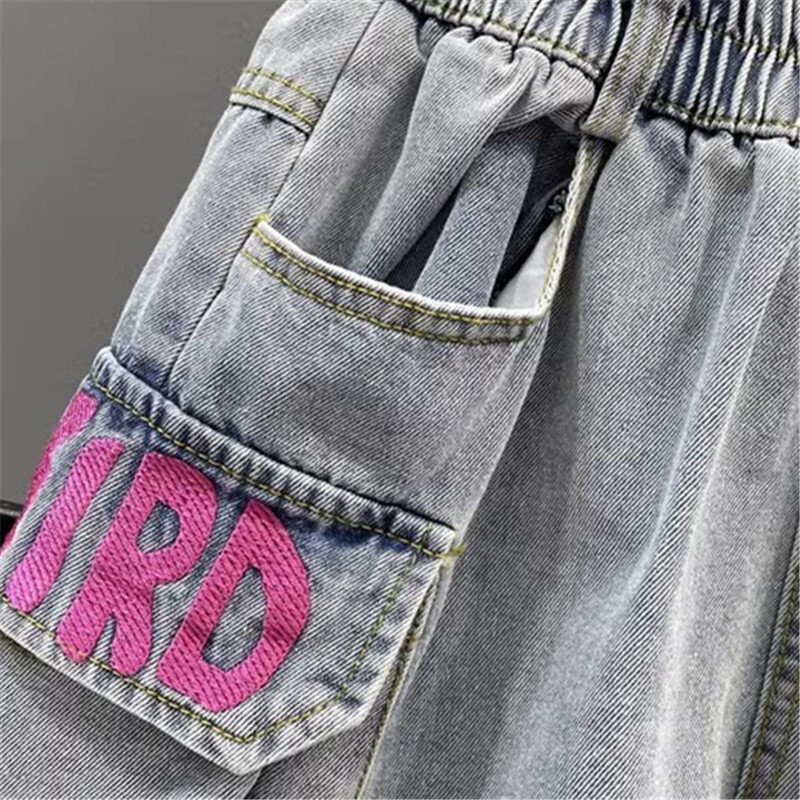 Sprane dżinsy spodenki damskie duża kieszeń modne wyszywane litery jeansowe letnie luźne spodenki z z rozciągliwą talią, szeroka nogawkami