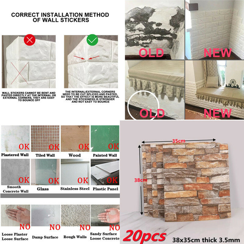 20pcs 3D Wallpaper Brick Pattern Wall Stickers for Living Room Bedroom TV Wall  Vinyl Decor Self Adhesive papel pintado de pared