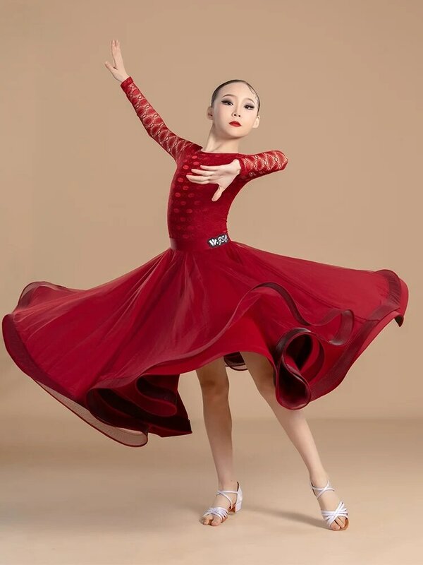 2024 New National Standard Dance Clothing For Girls Red Lace Sleeved Bodysuit Big Swing Skirts Ballroom Dance Costumes DN17986