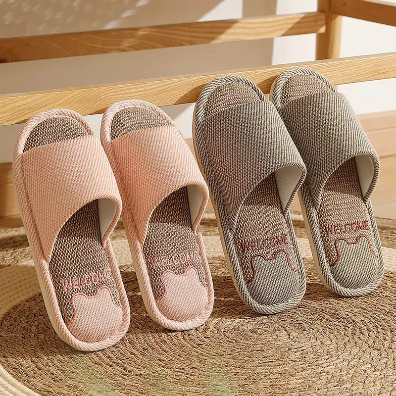 Sandal Linen Wanita Pria, baru untuk musim panas nyaman sepatu lembut anti selip pasangan Linen dalam ruangan