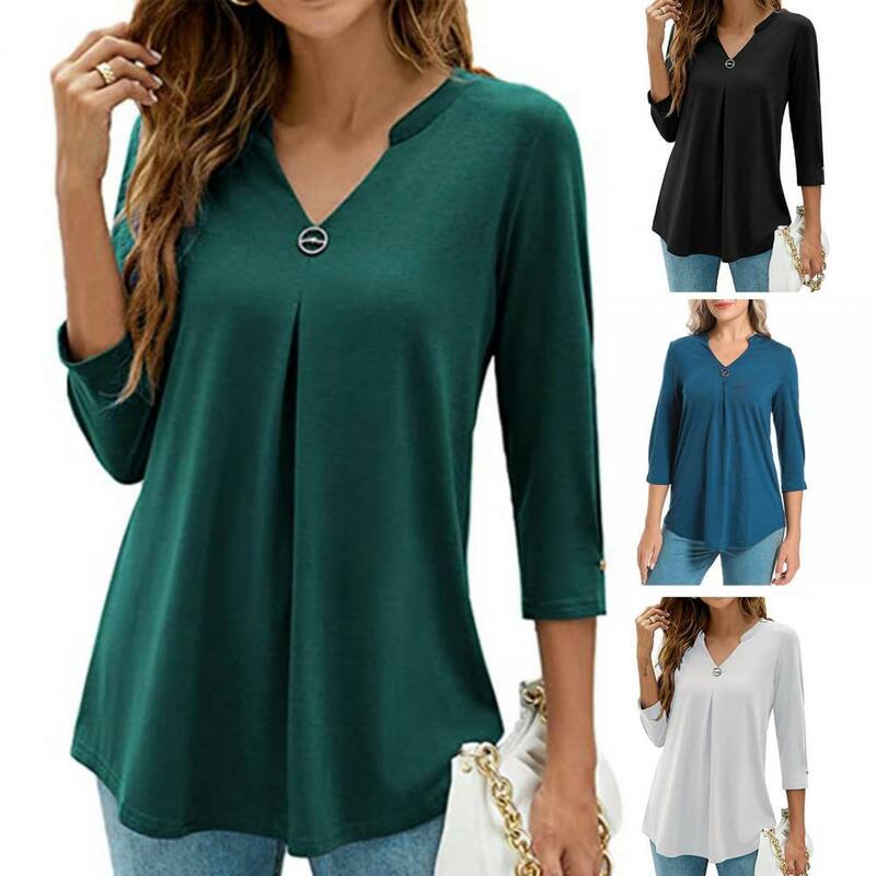 V Neck 3/4 Sleeve Pin Decor Blouse Pleated Hem Women T-shirt Spring Autumn Solid Color Slim Fit Tunic Pullover Top Streetwear