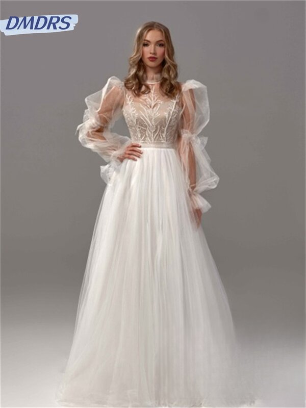 Elegant Long-Sleeved Bridal Dresses 2024 Luxurious Appliquéd Wedding Dress Romantic Tulle Floor-length Dress Vestidos De Novia