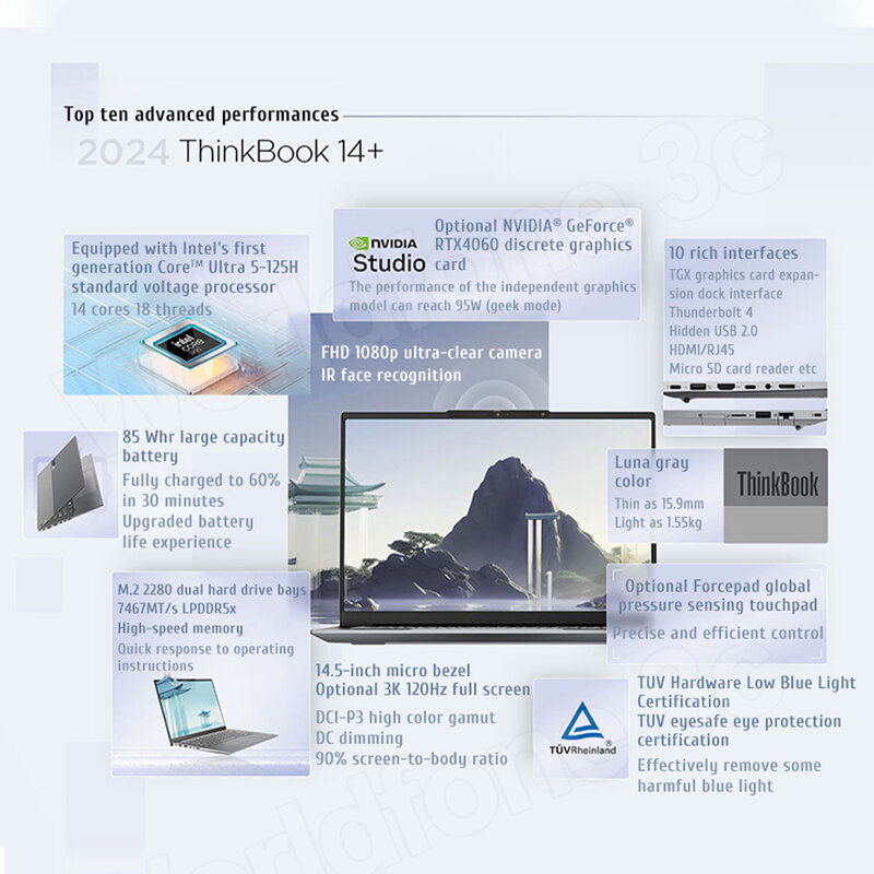 Lenovo-ThinkBook 14 + 2024 Laptop AI, Core Evo, Ultra 5, Intel Arc, RTX4050 Gráficos, 16GB, 32GB, LPDDR5X, SSD 1T, 14,5 ", PC Notebook