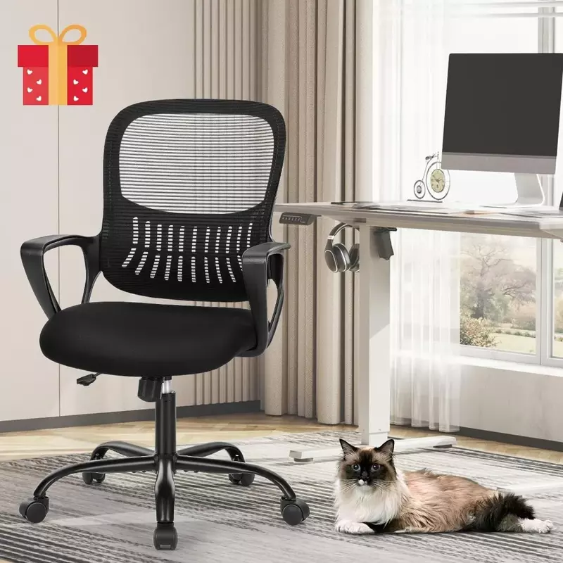 Mesh Rolling Office Chair with Wheels, Tarefa giratória de trabalho, Apoio lombar confortável, Braços confortáveis para casa, Cadeiras de mesa pretas
