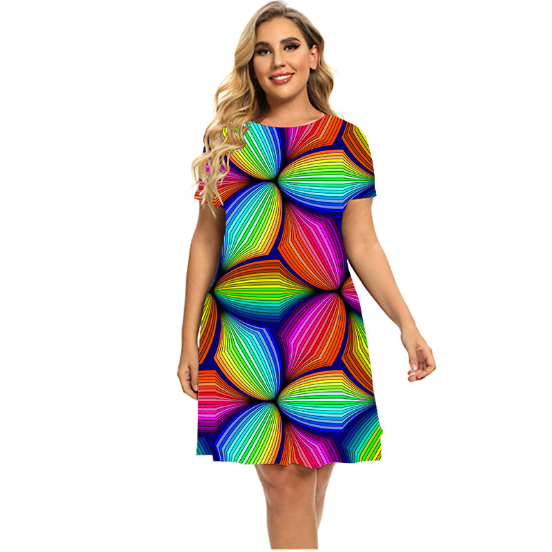 Moda novo padrão abstrato vestido de impressão 3d para 2023 mulheres plus size vestido de verão o pescoço manga curta solta vestidos grandes 6xl