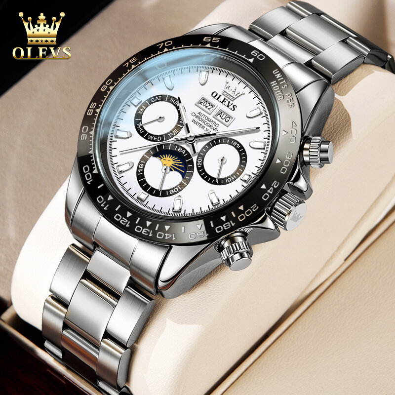 OLEVS-Relógio impermeável clássico de três olhos masculino, relógio mecânico totalmente automático, pulseira de aço inoxidável, relógios luminosos, original