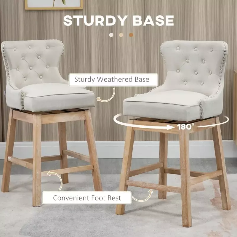 Ensemble de 2 tabourets de bar, chaise de bar, barres en tissu, pied en caoutchouc et bois, à 180 °