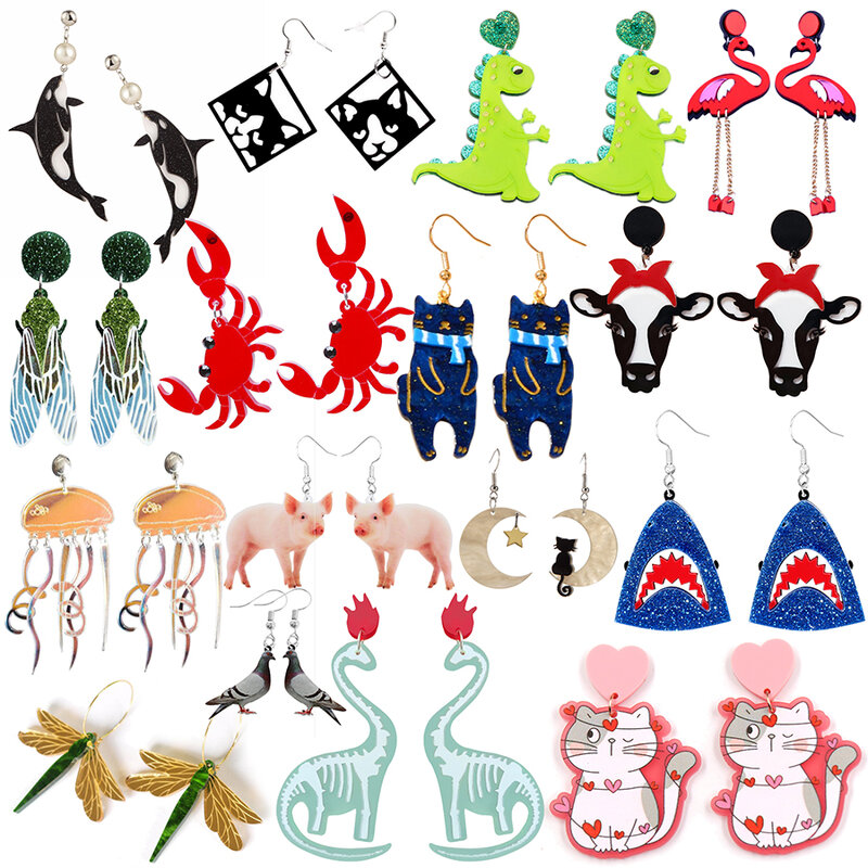 여성용 귀여운 동물 아크릴 귀걸이, 만화 드롭 귀걸이, 비둘기 돼지 토끼 꿀벌 공룡 고양이 패션