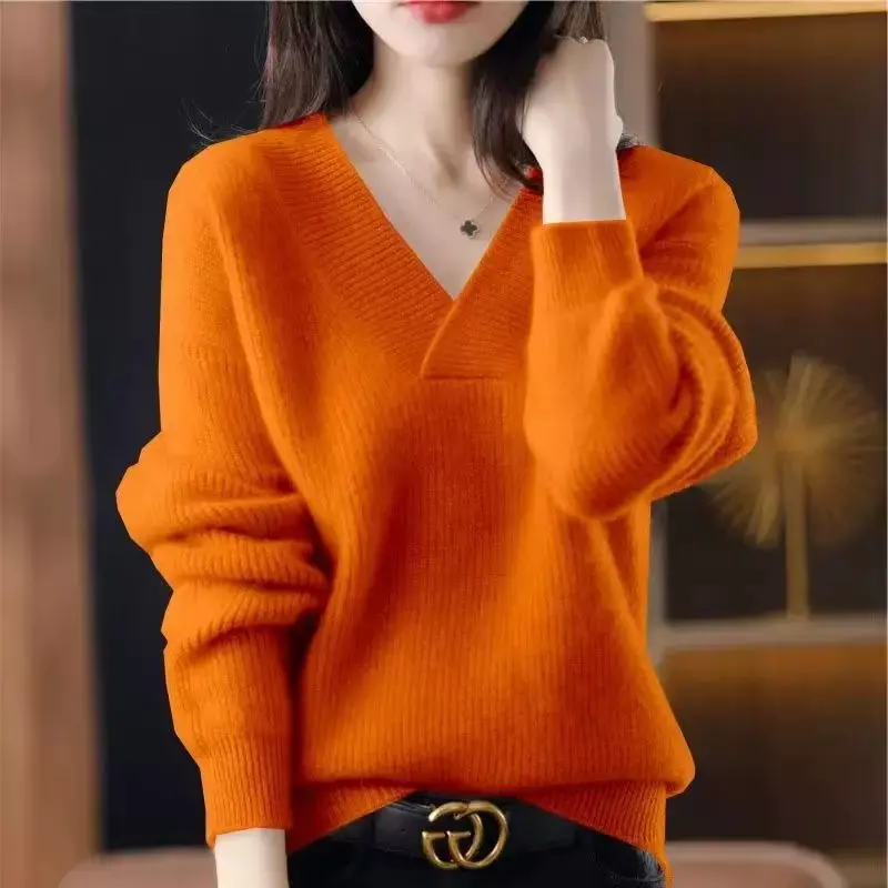 Sweater rajut leher panjang wanita, baju hangat polos longgar lengan panjang lembut musim gugur dan musim dingin U71