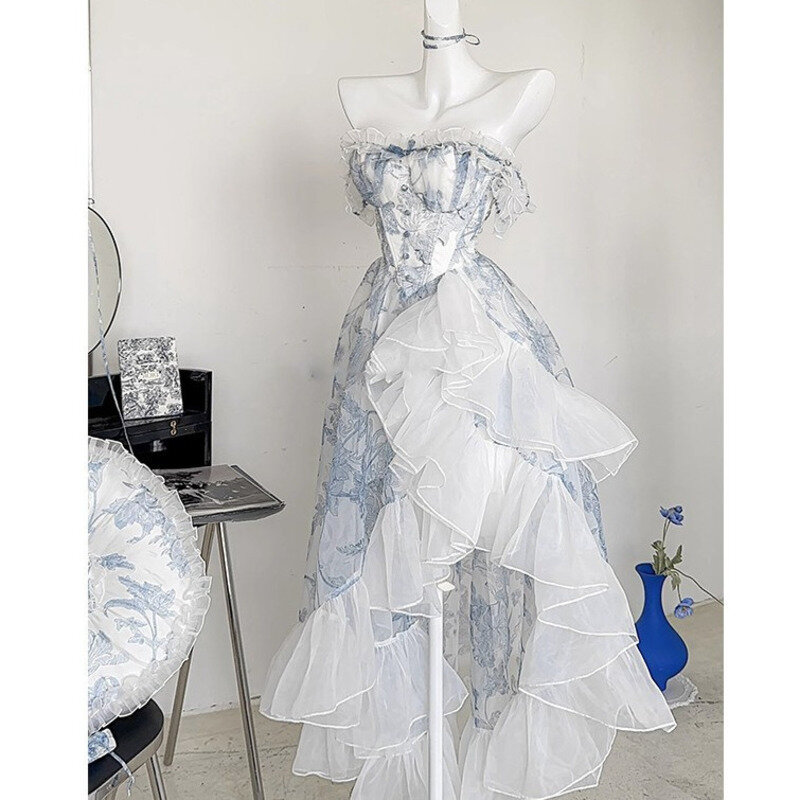 Elegante vestido de flor fragmentado azul claro para mulheres, vestido sem alças, envolto na cintura, festa de aniversário, jantar, adulto, novo, 2024