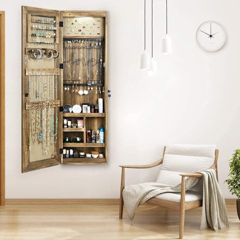 Armario de almacenamiento de joyas, organizador de joyas de madera maciza con espejo de longitud completa montado en la pared/puerta