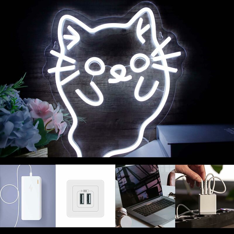 Letrero de luz de neón de gato fantasma blanco, decoraciones de Halloween para dormitorio, fiesta de Halloween, decoraciones de luces de neón para interiores, fiesta en casa