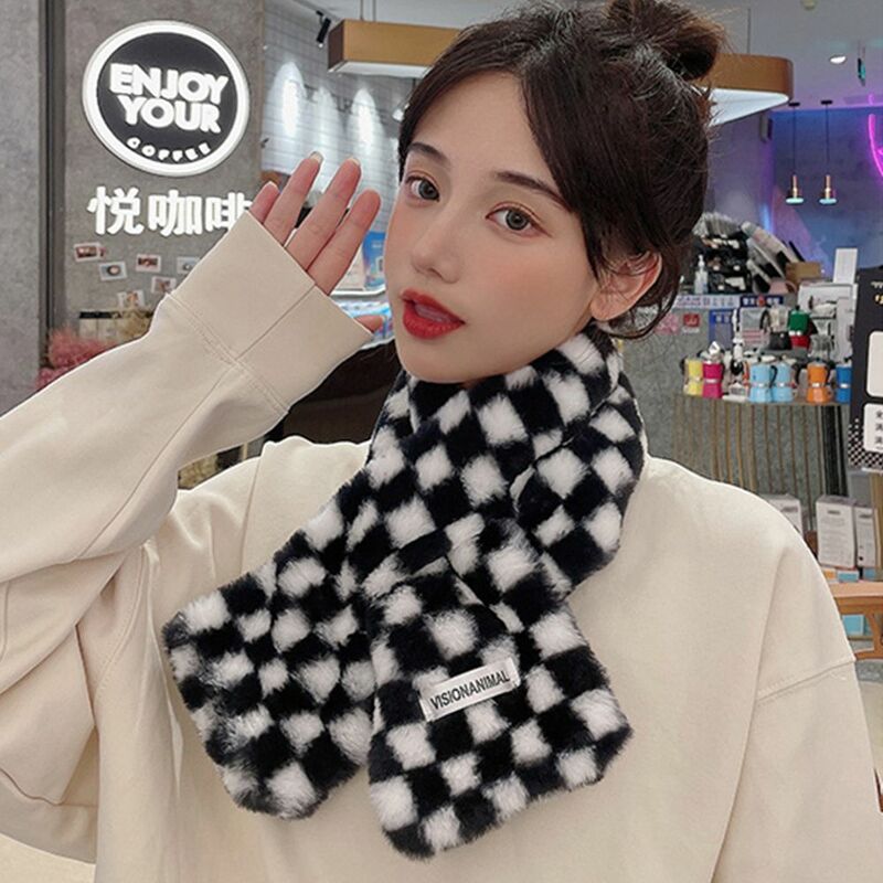 Bufanda de piel sintética de conejo para mujer, patrón de tablero de ajedrez, bufanda de estilo coreano, accesorios de ropa, Otoño e Invierno