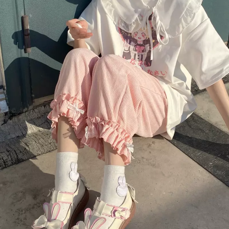 Pantaloni di velluto a coste a vita alta Kawaii da donna Lolita giapponese pantaloni della tuta a gamba larga con volant con fiocco dolce abbigliamento femminile pantaloni larghi e carini
