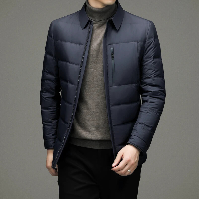 2024 Autumn Winter Grey Duck Coat Fashion Business Casual Warm Jacket Turn Down Collar Outerwear Men