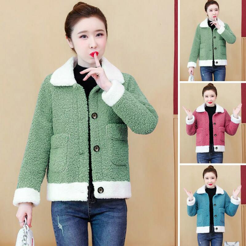여성용 편안한 라펠 겨울 코트, 플러시 루즈핏 카디건 재킷, 컬러 매칭 포켓, 겨울