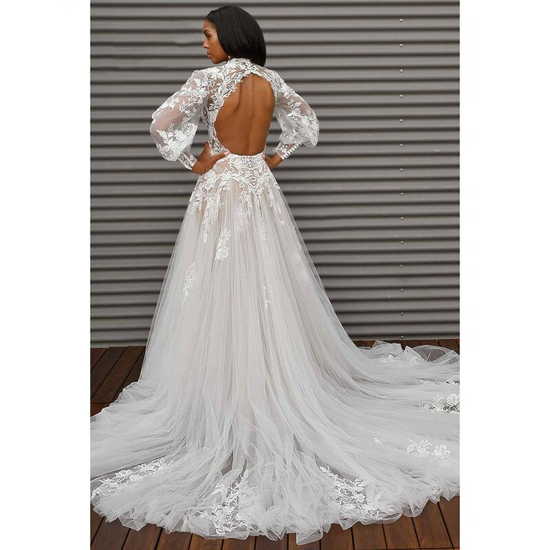 Gaun pernikahan applique renda seksi 2023 gaun pengantin berkancing lengan lentera leher-o gaun Tulle A Line belahan Vestidos De Novia
