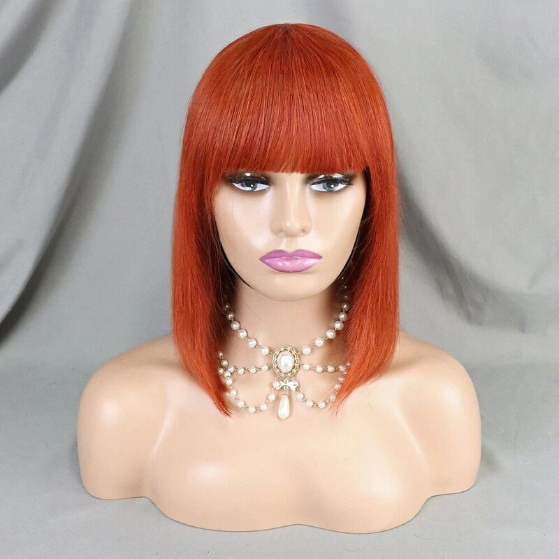 Peluca de cabello humano liso con flequillo para mujer, pelo Remy brasileño predespuntado, color naranja, #33