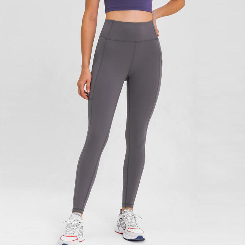 Women High Waist Stretch Fabric Leggings With Pockets Running Pants Outdoor Jogging