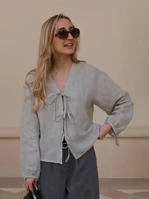 Блузка женская с V-образным вырезом, модный ажурный топ на шнуровке, тонкая свободная Однотонная рубашка с длинным рукавом, шикарная для отпуска, весна-лето 2024
