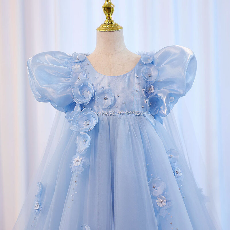 Jill Wish Sky Blue Arabic Flower Girl Dresses Crystal with Cape 3D Flowers Puff Sleeves for Kids Wedding Birthday Party J098