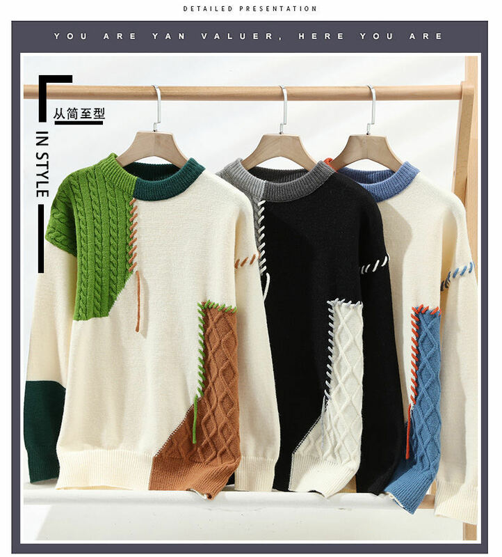 Pulôver masculino de malha retalhada gola O, suéteres quentes, roupas casuais, streetwear coreano, moda outono, inverno