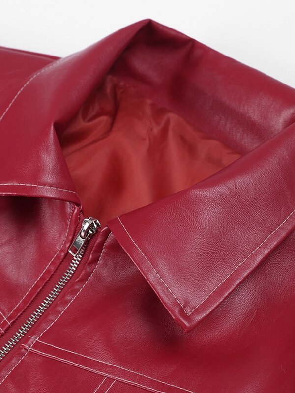 Frauen rot Revers Reiß verschluss Leder kurz geschnittenen Mantel Herbst lässig Langarm Patchwork Jacke 2023 Winter mode neue Büro Streetwear