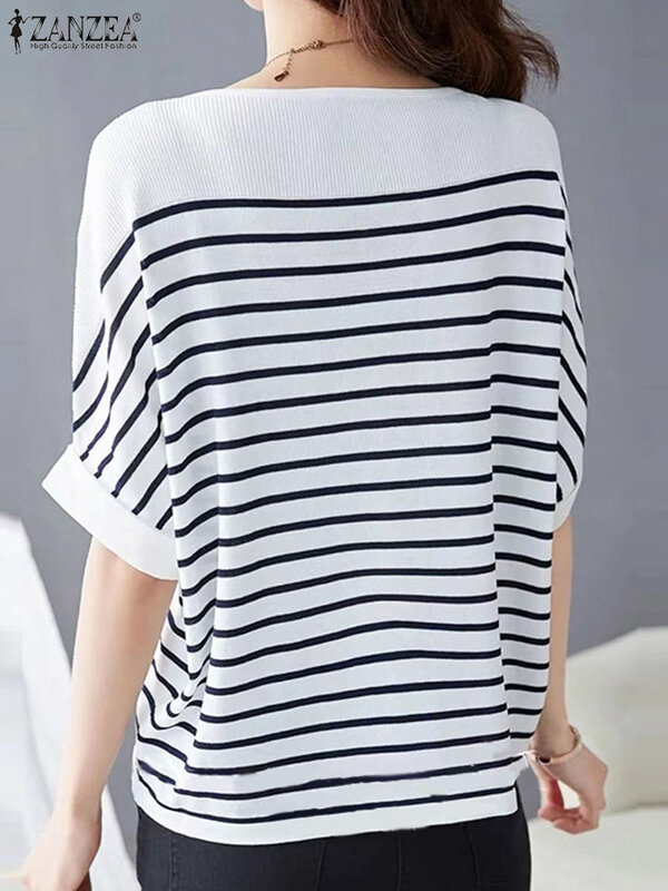 ZANZEA-Blusa listrada de meia manga para mulheres, tops casuais OL, camisa de escritório feminina elegante, oversize, moda verão