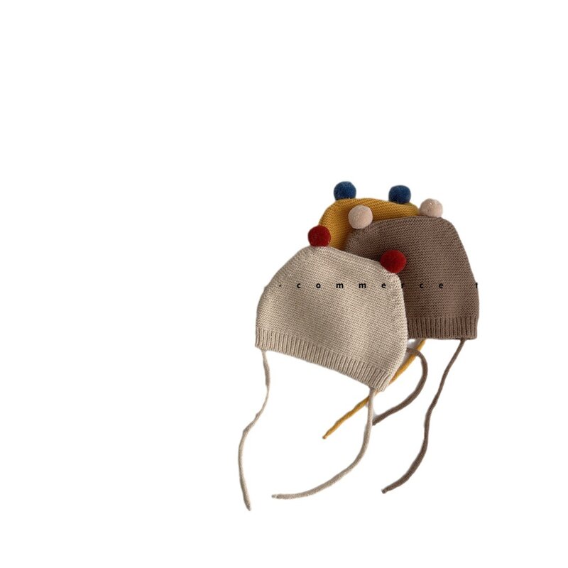 Bonnet à oreille en boule de fourrure pour bébé garçon et fille, joli petit chapeau solide, collection automne et hiver