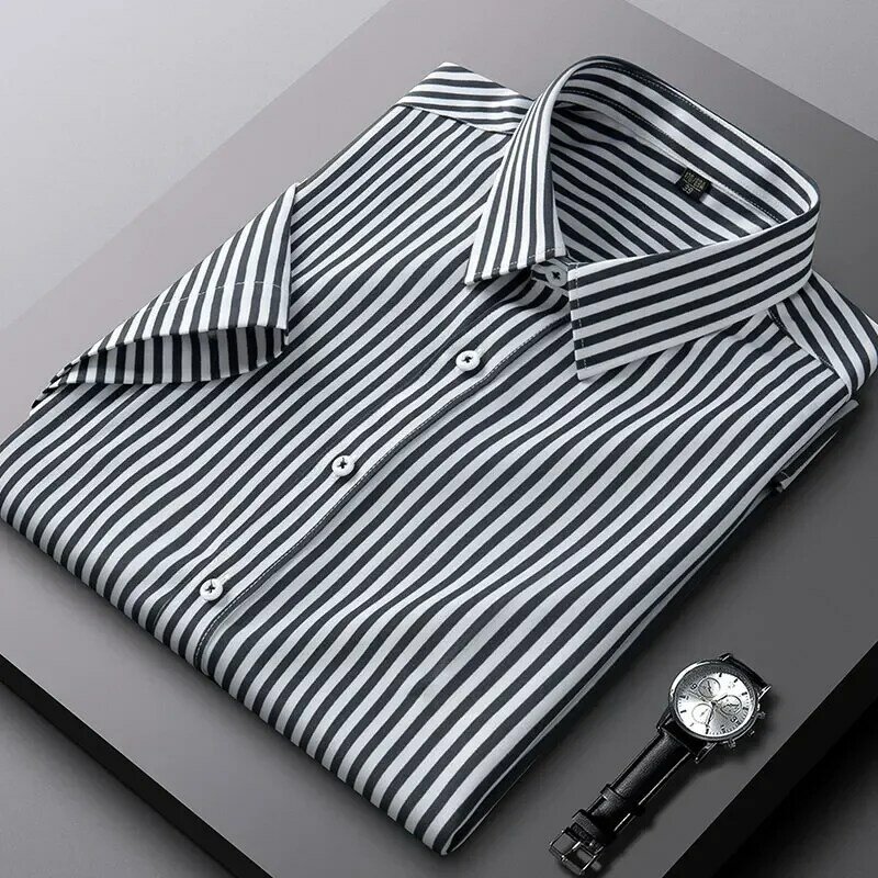 Рубашка мужская стрейчевая с коротким рукавом, люксовая Повседневная сорочка в полоску, классическая деловая классическая, лето