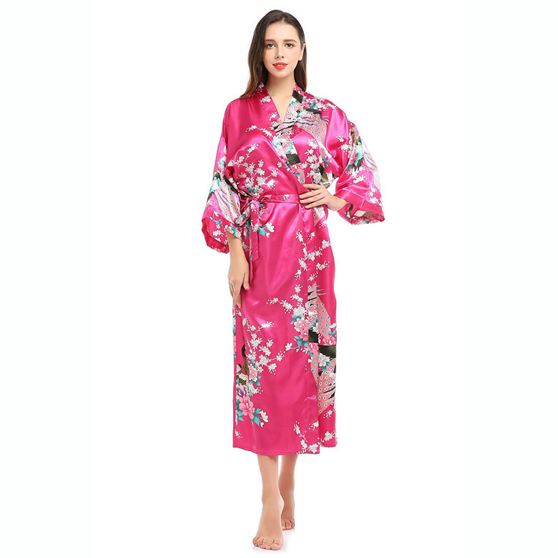 Kimono en Satin de soie pour femmes, longue robe de nuit, motif Floral, paon, pour fête de mariage, demoiselle d'honneur