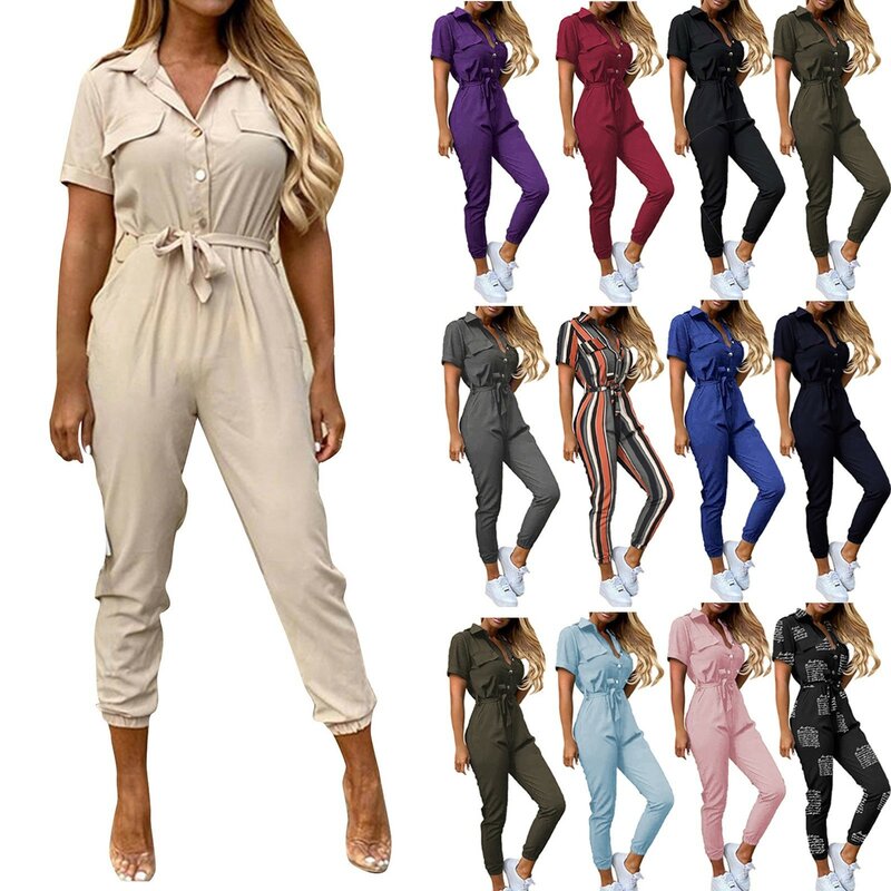 Women'S Cargo Jumpsuits Fashion Summer Casual Lapel Lace-Up Solid Short Sleeve Jumpsuits Simple Daily Commute Fitting Rompers