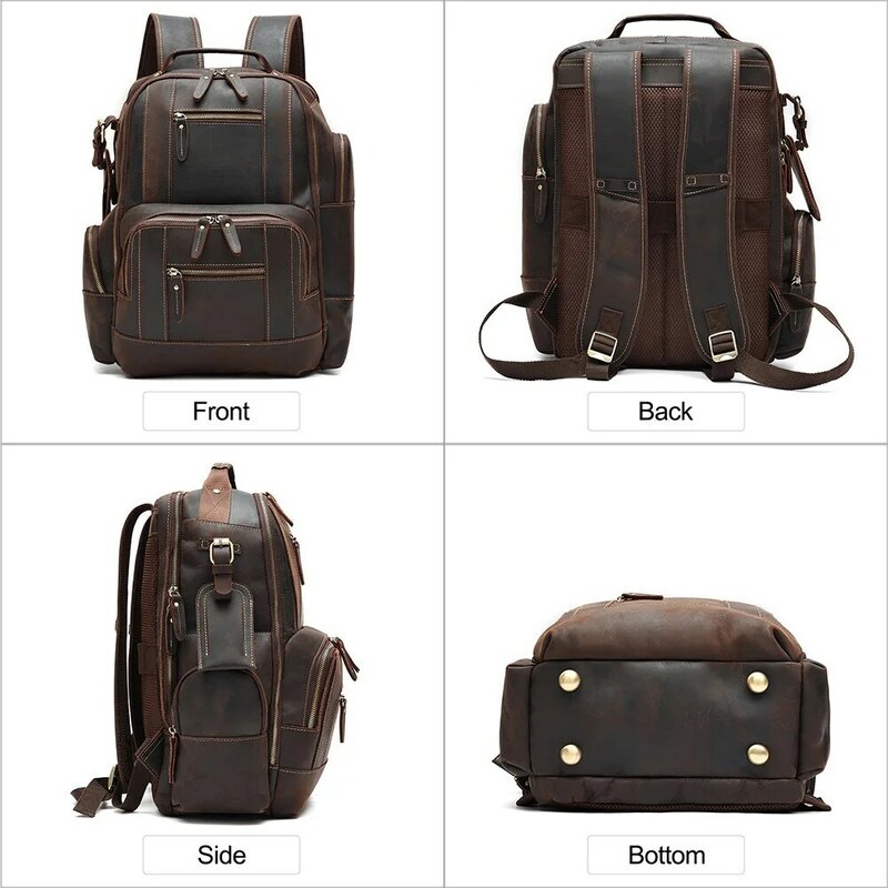 Men's Vintage Genuine Leather Backpack 15.6" Laptop Bag Large Capacity Business Travel Hiking Daypacks School Rucksack
