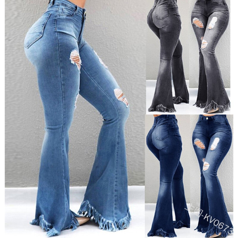 Полноразмерные джинсовые расклешенные Капри, Брюки с карманами и дырками, брюки с вырезами, оборками, джинсовые брюки
