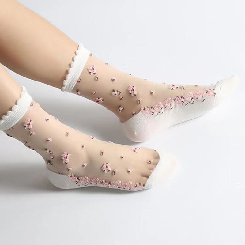 5 Pairs Women Sexy Mesh Floral Short Casual Socks Cute Ladies Transparent Summer Ultra Thin Socks Streetwear Crew Socks