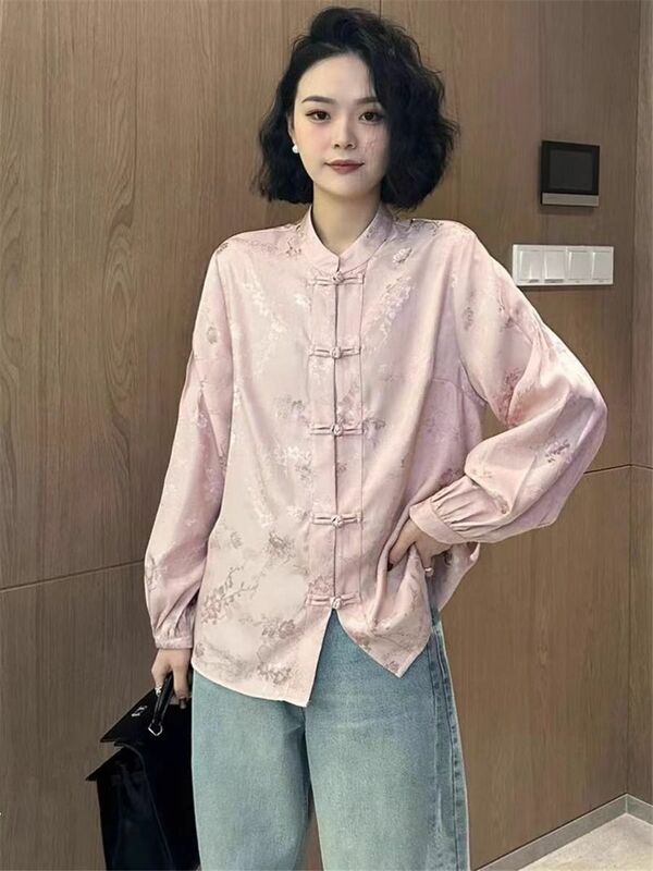 Early Spring New Chinese Style Pan Buckle Embroidery Jacquard long-sleeved Shirt women's Loose Temperament Tangsuits Top