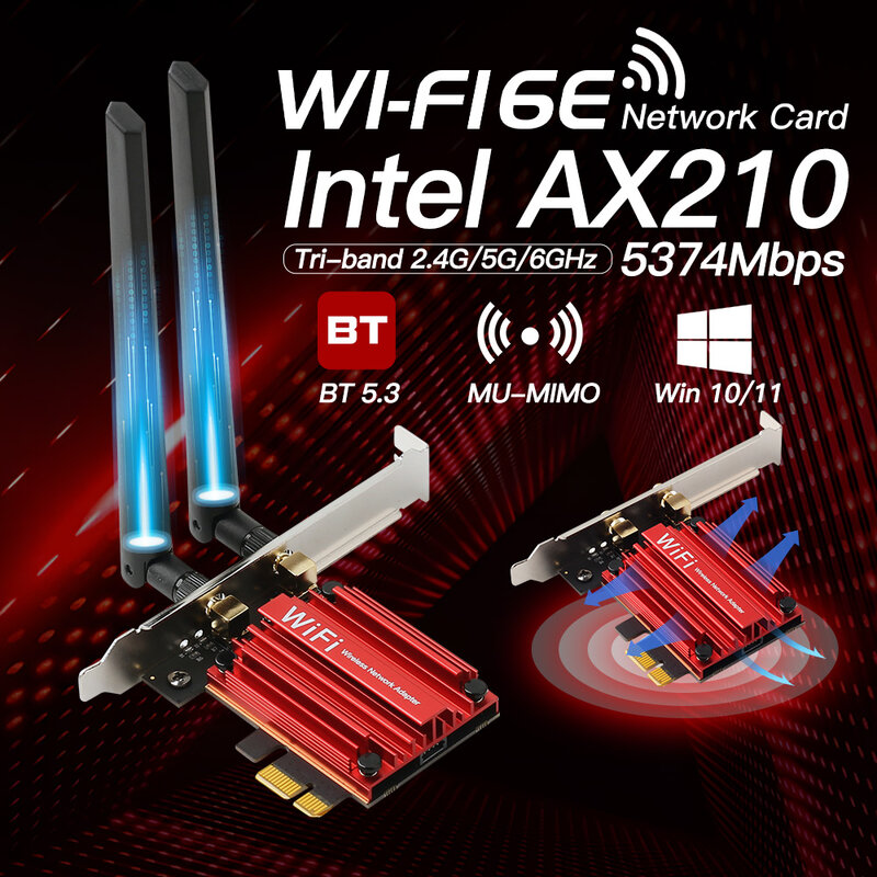 Adaptador de tarjeta de red inalámbrica Win10/11, 5374Mbps, WiFi, 6E, Intel AX210, Bluetooth 5,3, triple banda, 2,4G/5G/6Ghz, AX210NGW, 802.11AX, PCIe