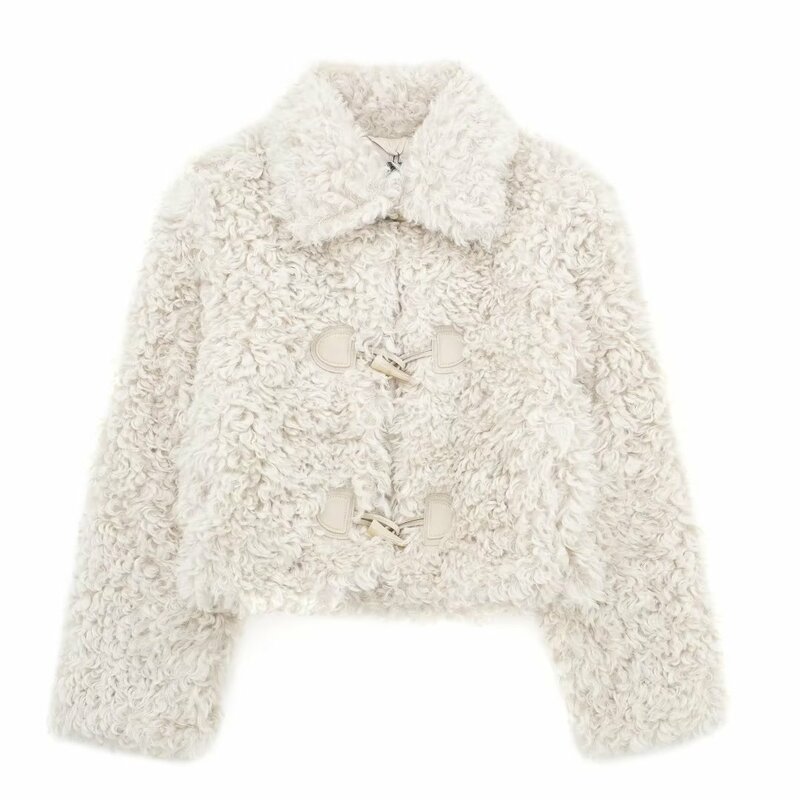 Women New Fashion Artificial fur effect Cropped Fleece Jacket Coat Vintage Long Sleeve Button-up Female Outerwear Chic Overshirt
