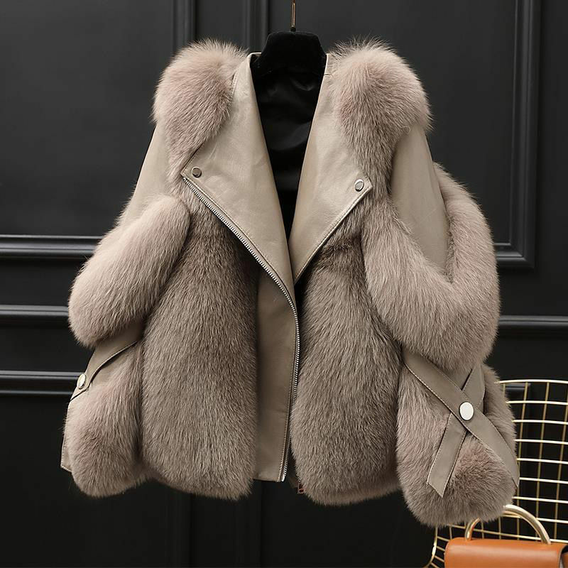 Fur Patchwork Leather Jacket Women Bomber Motorcycle Jacket Long Sleeve Outerwear Warm Faux Fur Coat Luxury Brand Women Clothing