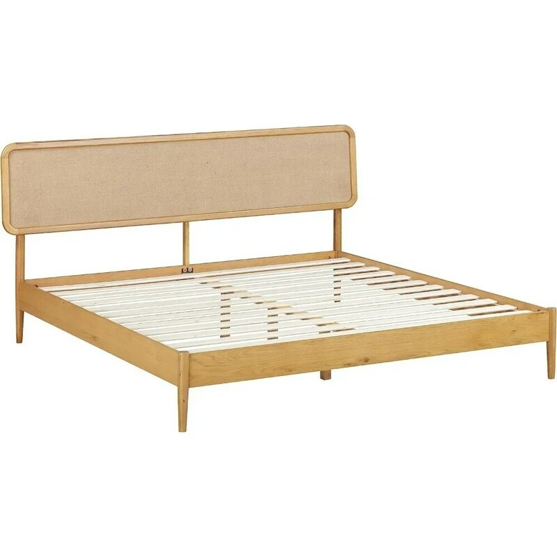 Marco de cama, Base de roble macizo con listones silenciosos y soporte Central de madera, cabecero de madera con marco de cama, montaje sin esfuerzo