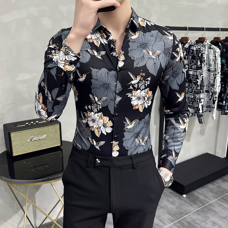Camisa Vintage de manga larga para hombre, Camisa negra con estampado de flores, informal, de negocios, de lujo, 6XL, Primavera, novedad
