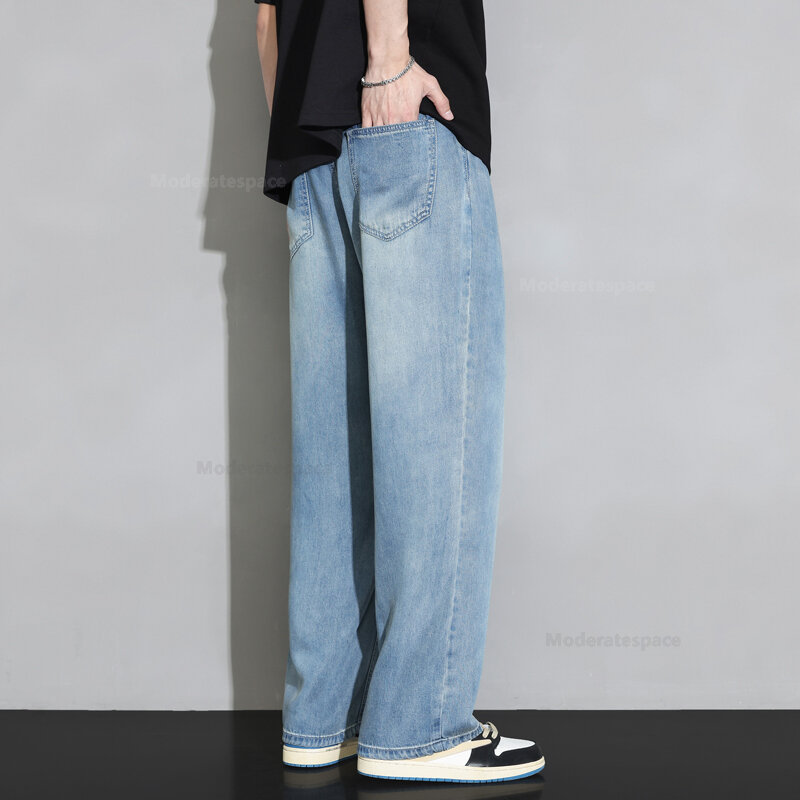 Лето 100%, мужские мягкие джинсовые брюки Lyocell с эластичным поясом, Мужская одежда, корейские мешковатые прямые повседневные брюки